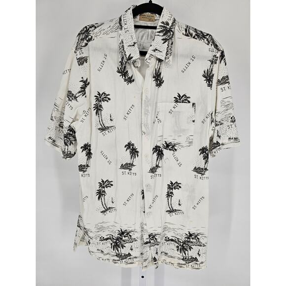 Vintage St Kitts Mens Sz XL Short Sleeve Button Up Collared Shirt White Black - Picture 1 of 4